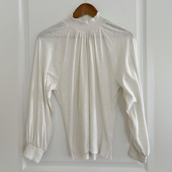 Nation LTD Melanie Smocked Mock Neck Top XS Off White Long Sleeve Pima Cotton - Picture 6 of 10